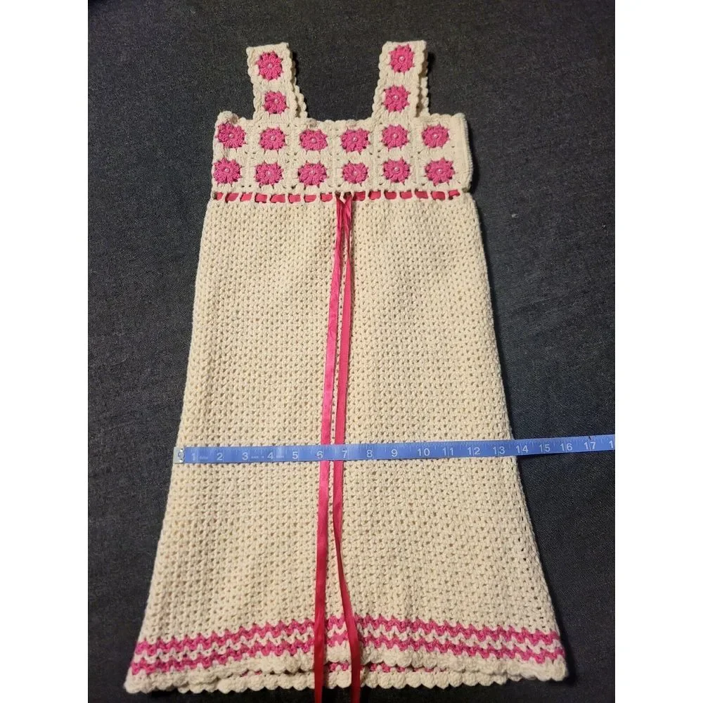 Vintage Hand‎ Knit Girls Dress Crochet Cream Pink 10-12 Or Womens XXS